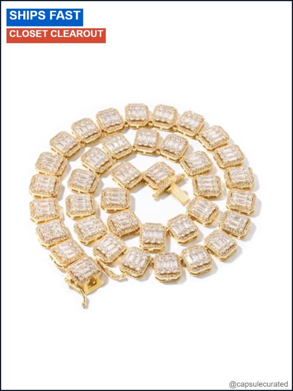 14K Gold Plated Cuban Link Bracelet Baguette Cubic Zirconia Iced Out Chain